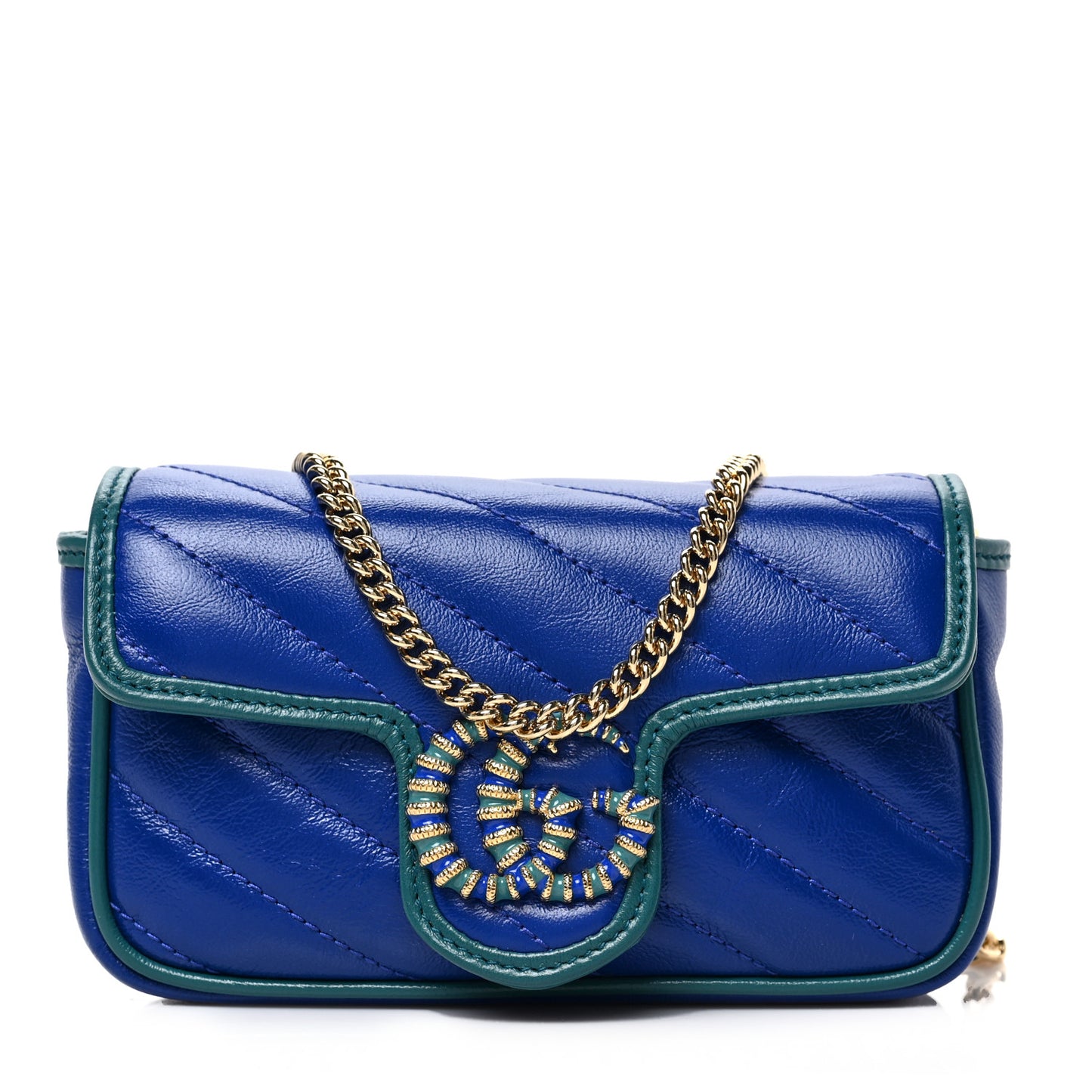 Azalea Calfskin Enamel Matelasse Diagonal Super Mini Torchon GG Marmont Shoulder Bag Imperial Blue Pavone