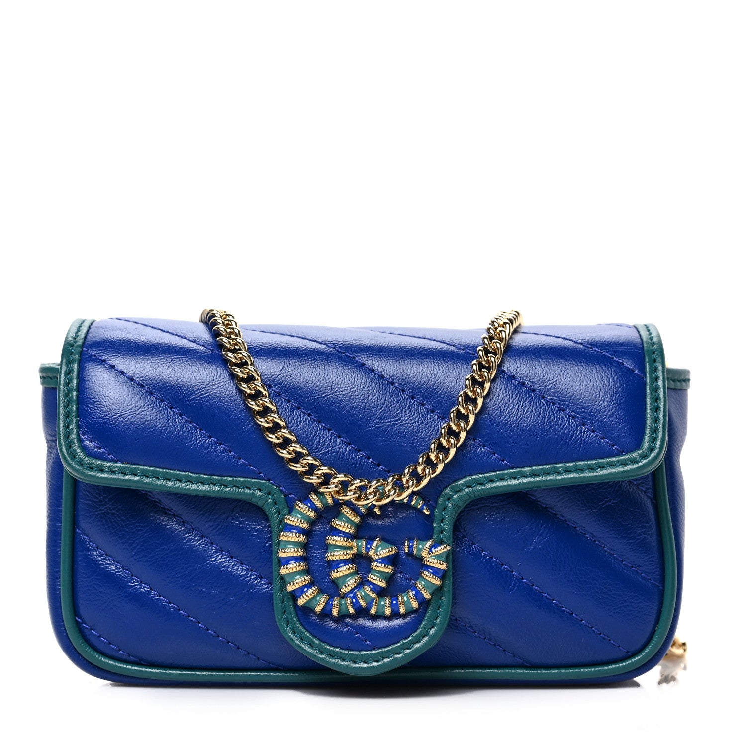 Gucci Azalea Calfskin Enamel Matelasse Diagonal Super Mini Torchon GG Marmont Shoulder Bag Imperial Blue Pavone 1 of 8