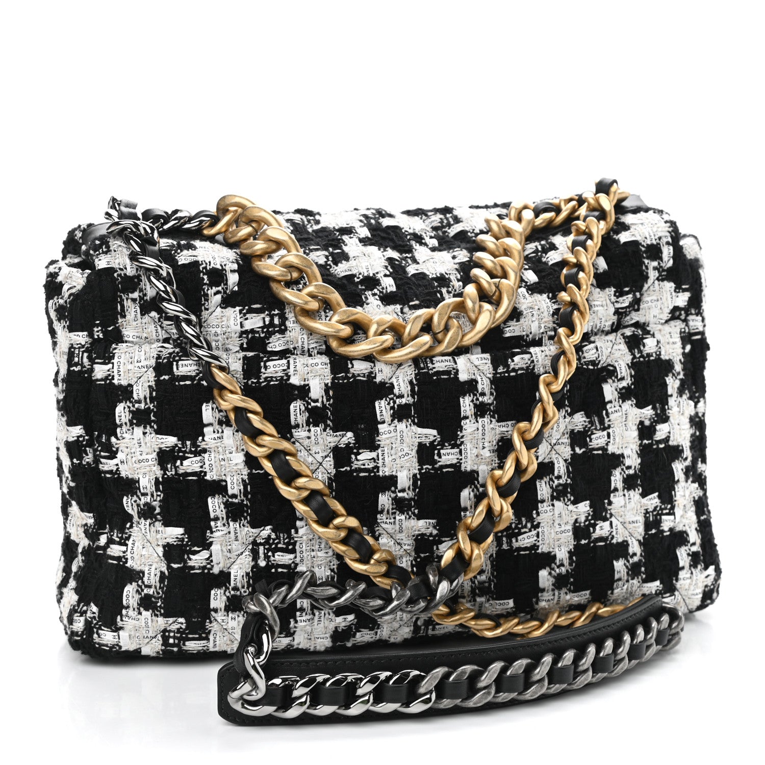 Chanel Tweed Quilted Large Chanel 19 Flap Black Ecru White 2 of 10