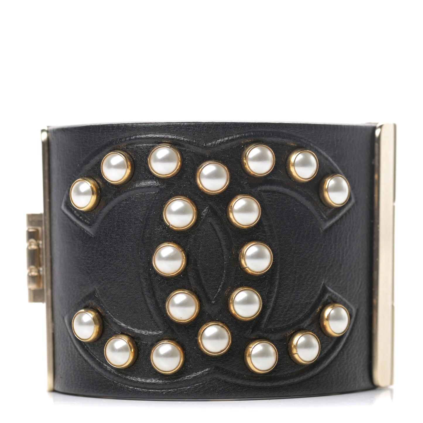 Lambskin Calfskin Pearl CC Cuff Bracelet Black Gold