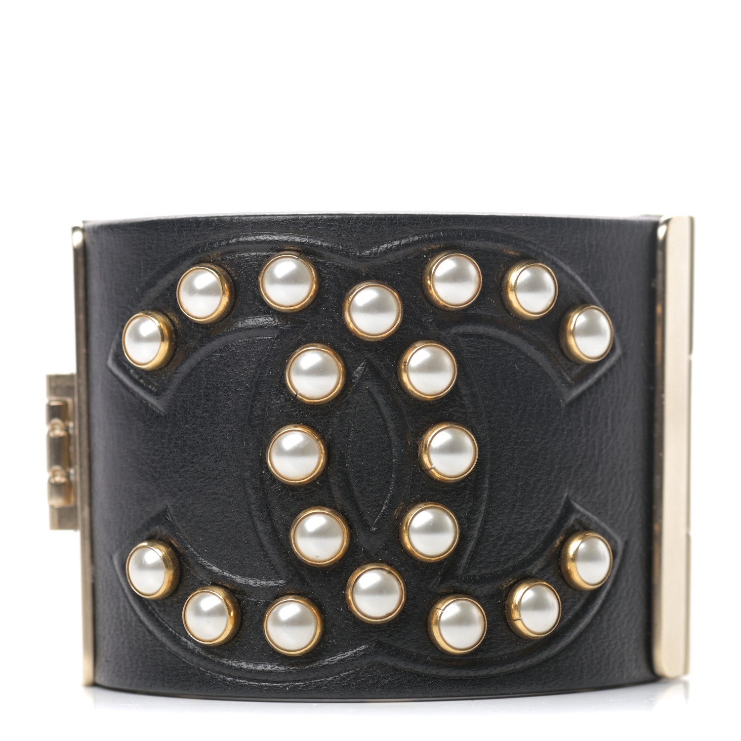 Chanel Lambskin Calfskin Pearl CC Cuff Bracelet Black Gold 1 of 5