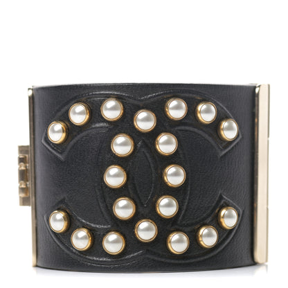 Chanel Lambskin Calfskin Pearl CC Cuff Bracelet Black Gold 1 of 5