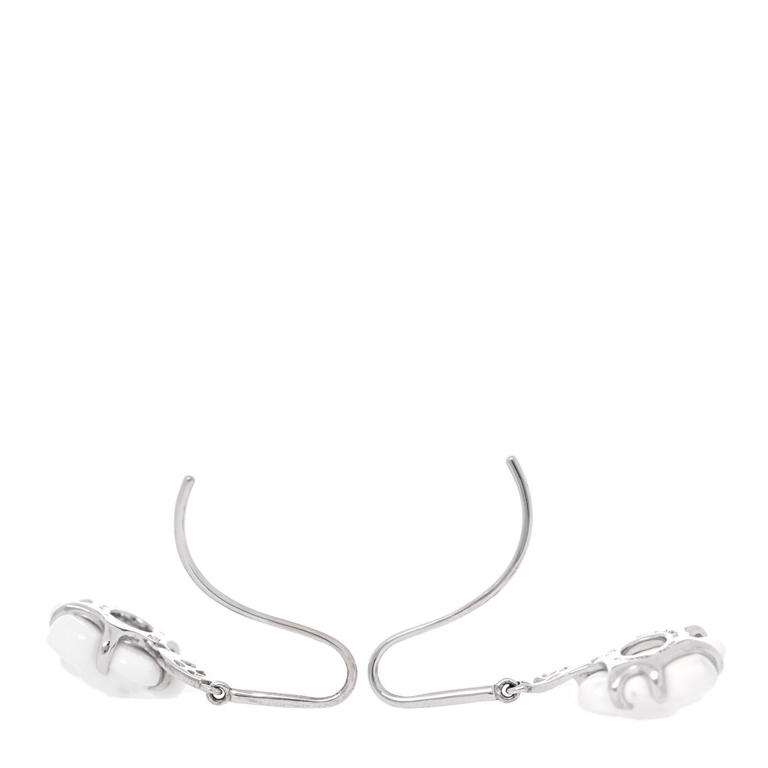 Chanel 18K White Gold Diamond White Agate Camellia Earrings 4 of 5