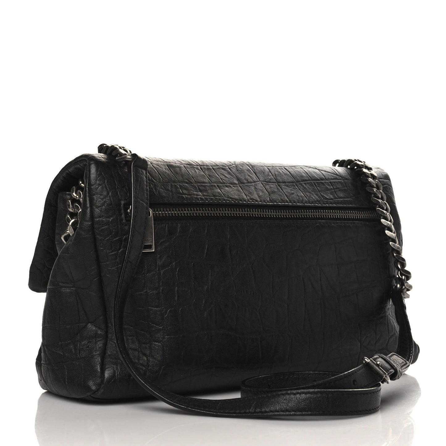 Calfskin Crocodile Embossed Medium West Hollywood Monogram Fold-Over Black