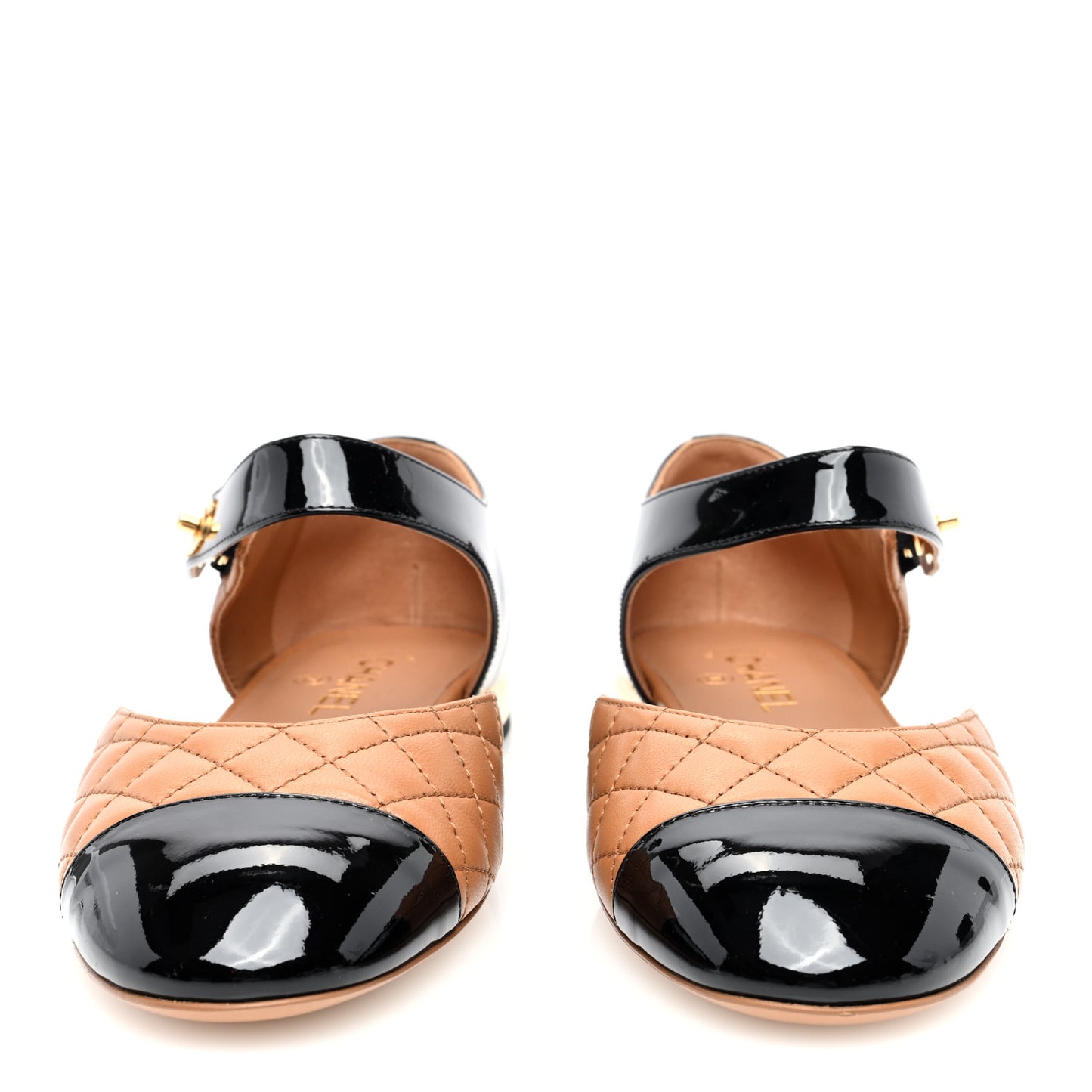 Patent Lambskin Quilted Cap Toe Ballerina Flats 40 Light Brown Black