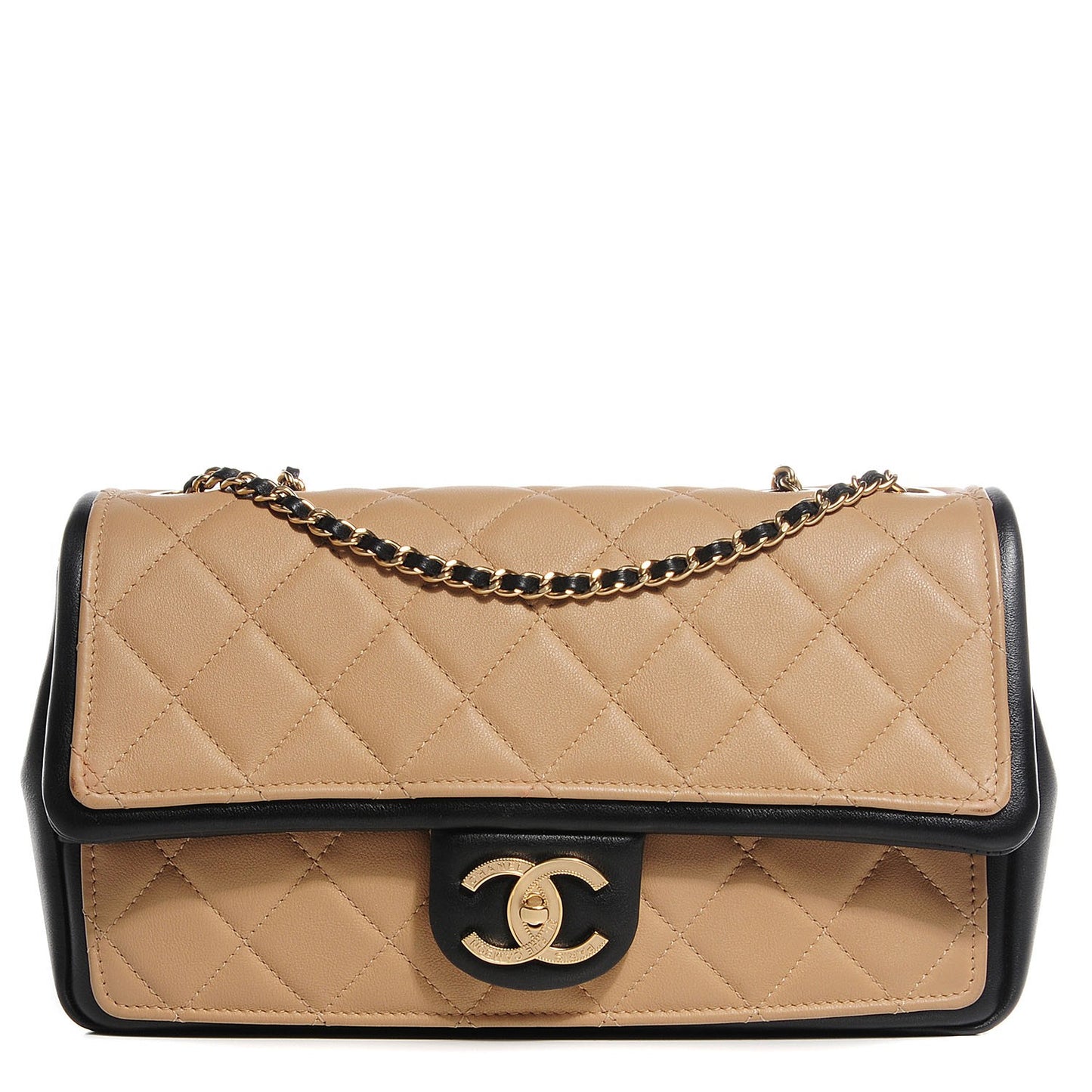 Calfskin Quilted Medium Graphic Flap Beige Black