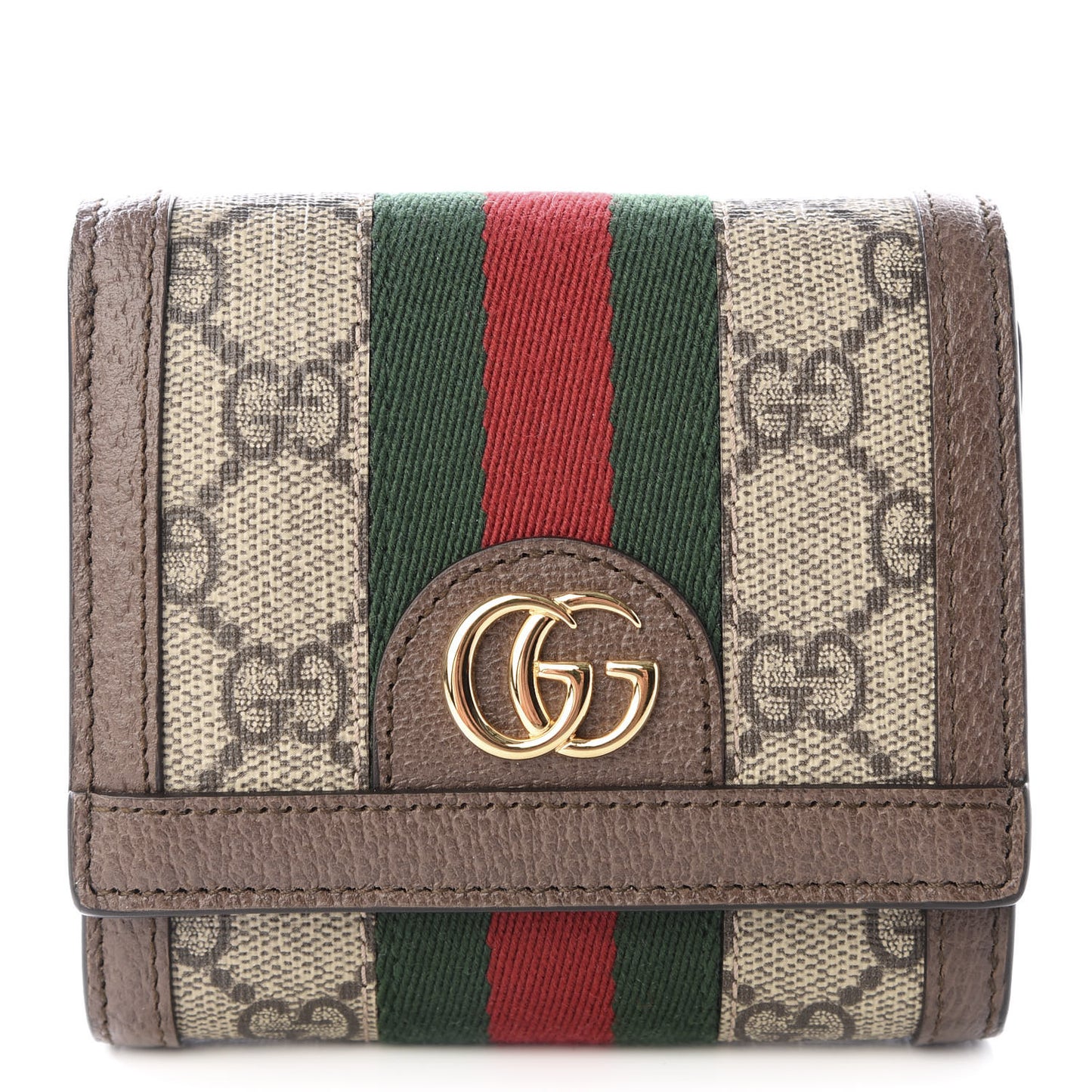 GG Supreme Monogram Textured Calfskin Web Ophidia Card Case Wallet Beige Ebony New Acero