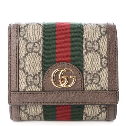 Gucci GG Supreme Monogram Textured Calfskin Web Ophidia Card Case Wallet Beige Ebony New Acero 1 of 8