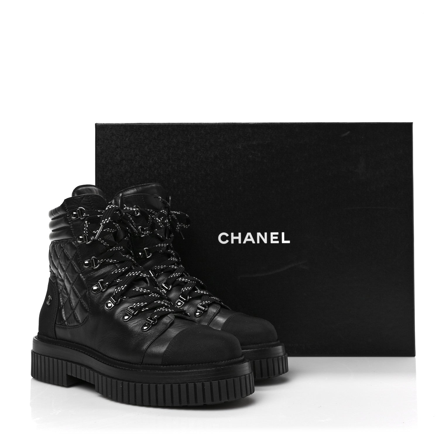 Chanel Calfskin Grosgrain Quilted Lace Up Boots 41 Black Grey 7 of 7