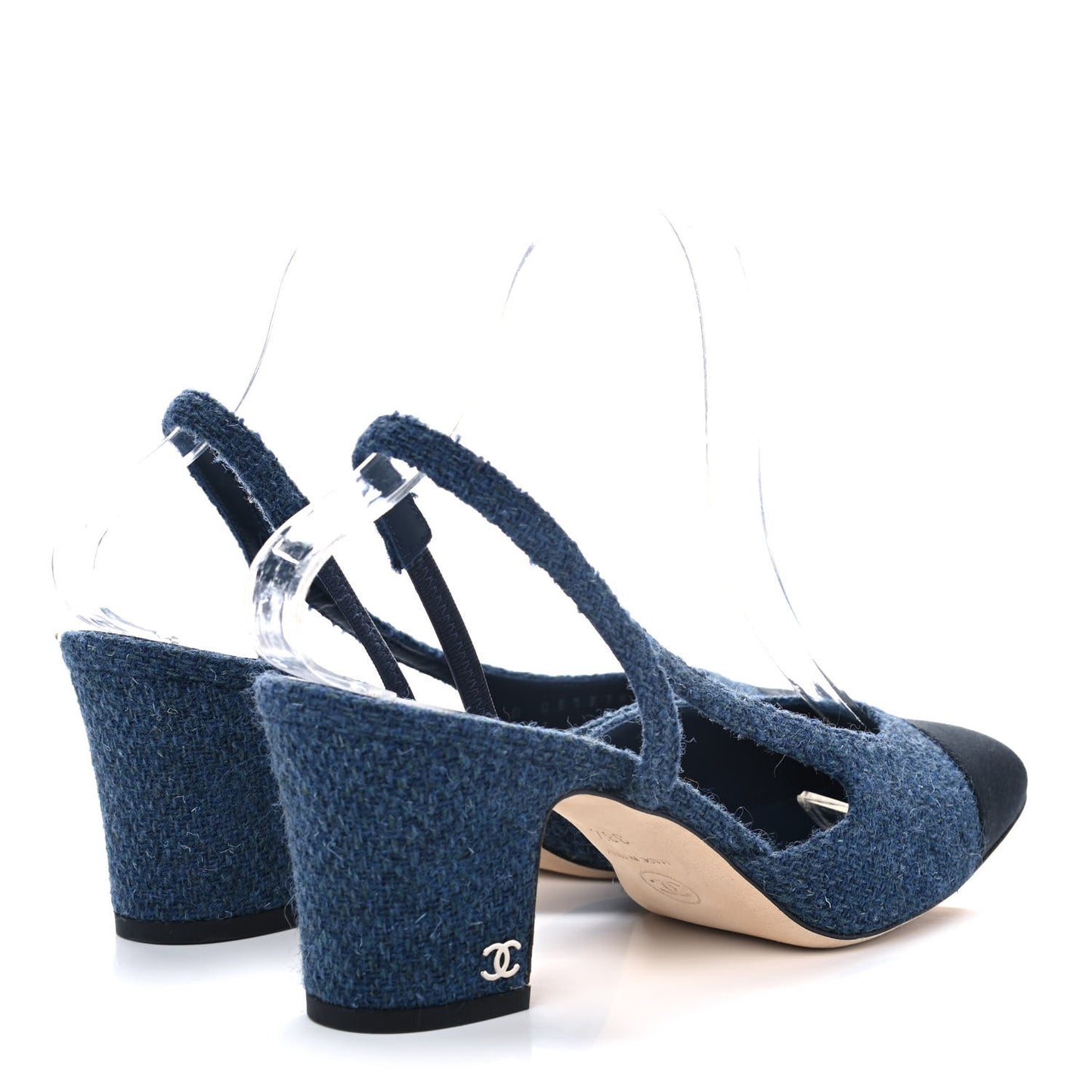 Tweed Grosgrain Cap Toe CC Slingback Pumps 38.5 Blue Black
