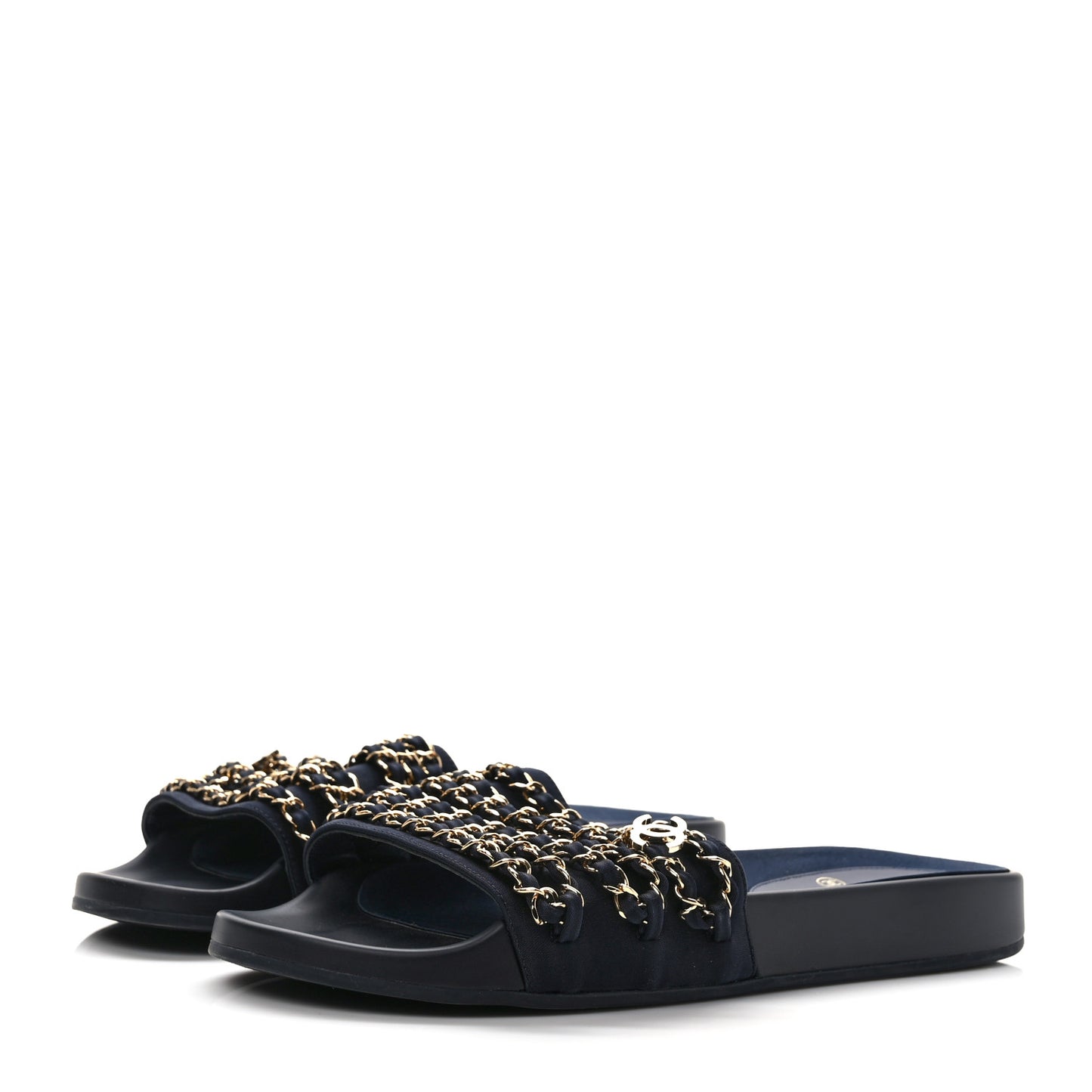 Satin Canvas Chain Slides Sandals Flats 41 Marine