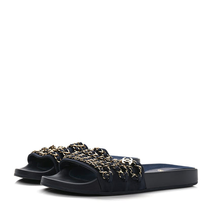 Chanel Satin Canvas Chain Slides Sandals Flats 41 Marine 3 of 8