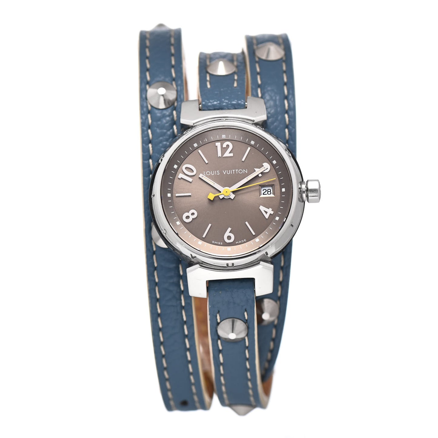 Stainless Steel Calfskin 28mm Tambour Triple Wrap Stud Quartz Watch Champagne