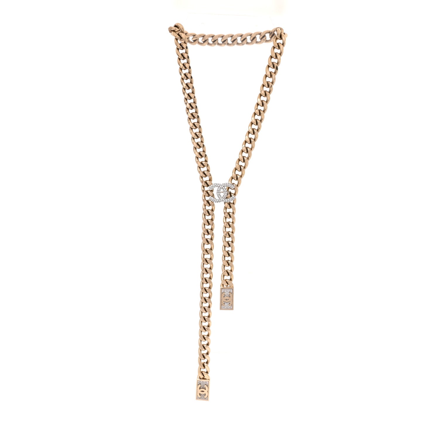 Chain Link Crystal CC Dog Tag Charm Necklace Gold