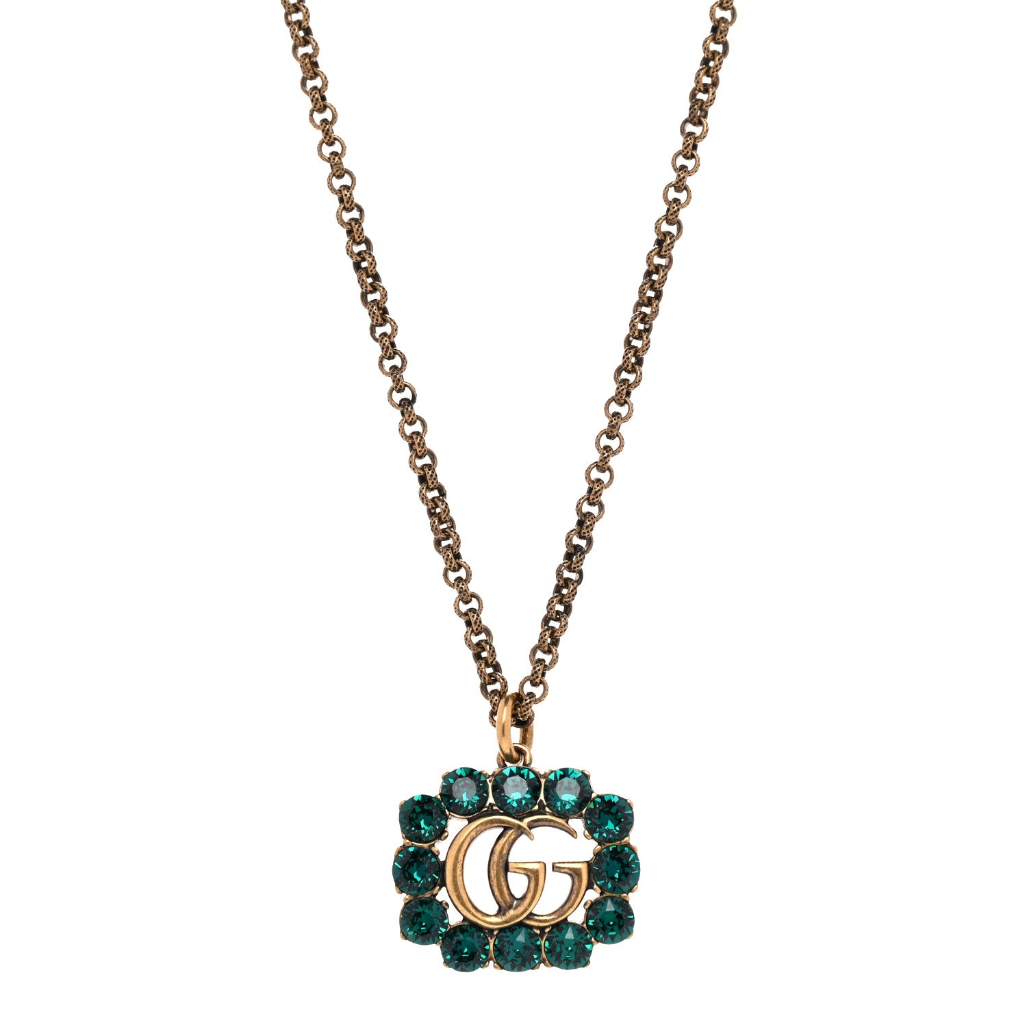 Gucci Crystal Embellished Double G Necklace Aged Gold Green 1 of 5