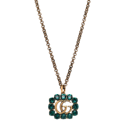 Gucci Crystal Embellished Double G Necklace Aged Gold Green 1 of 5