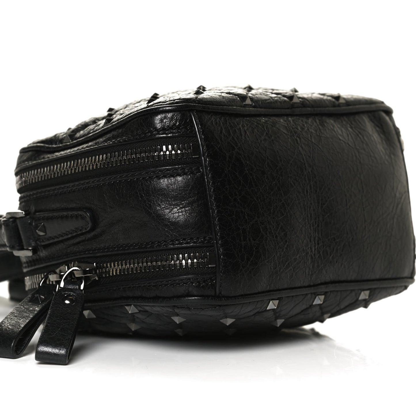 Craquele Nappa Rockstud Spike Double Zip Camera Crossbody Bag Black