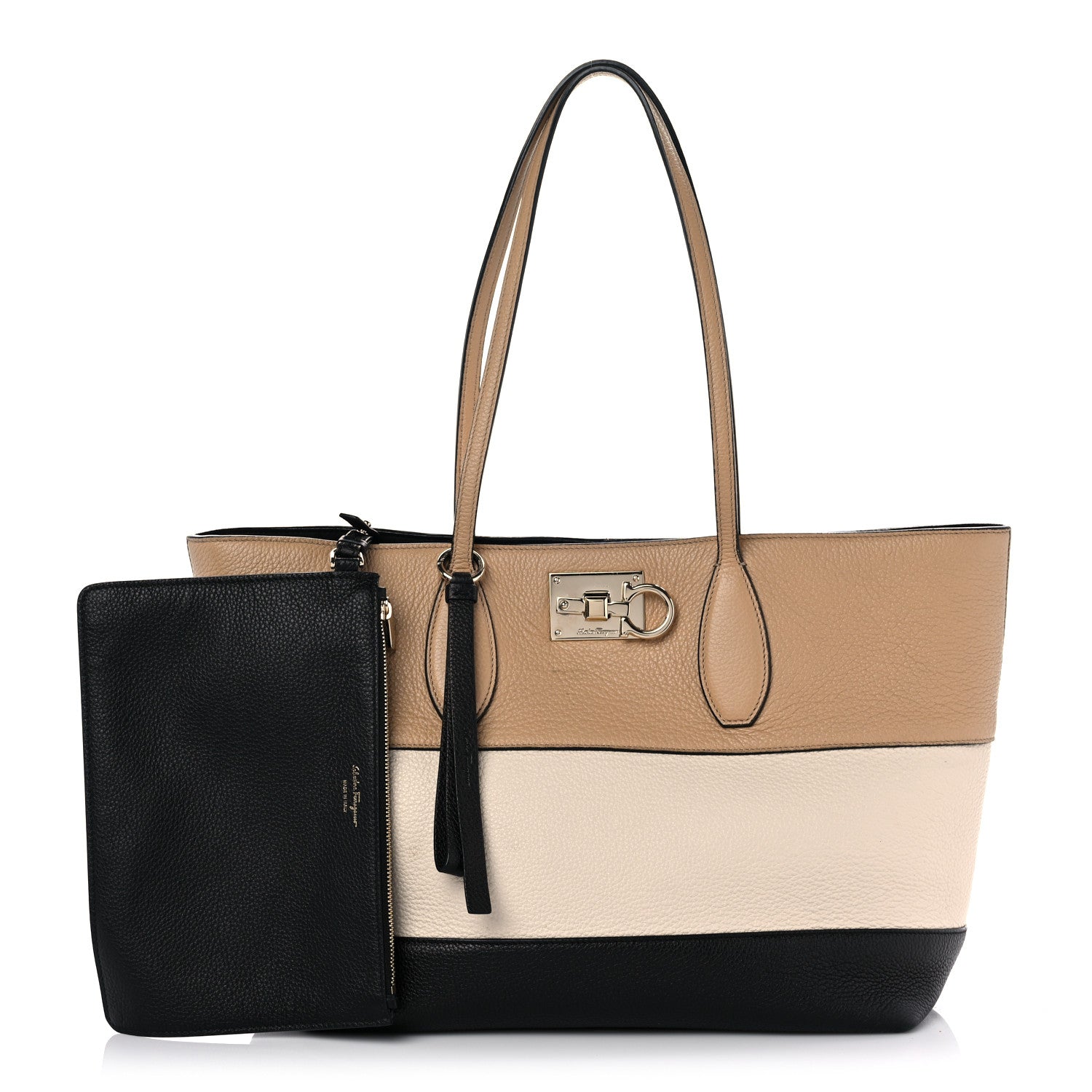 Salvatore Ferragamo Calfskin Tri-Color Studio Tote Dune Bone Black 1 of 20