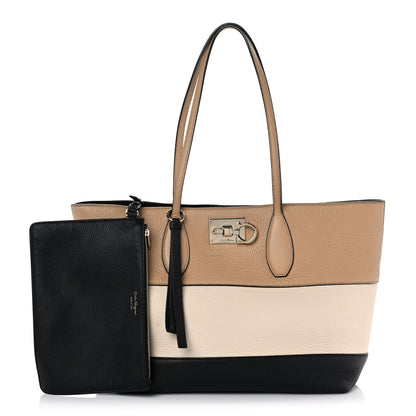 Salvatore Ferragamo Calfskin Tri-Color Studio Tote Dune Bone Black 1 of 20