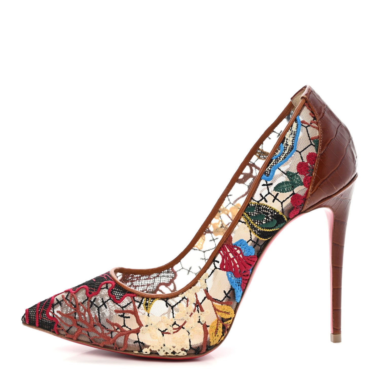 Christian Louboutin Lace Calfskin Crocodile Embossed Follies 100 Pumps 37 Cuoio Multicolor 1 of 7