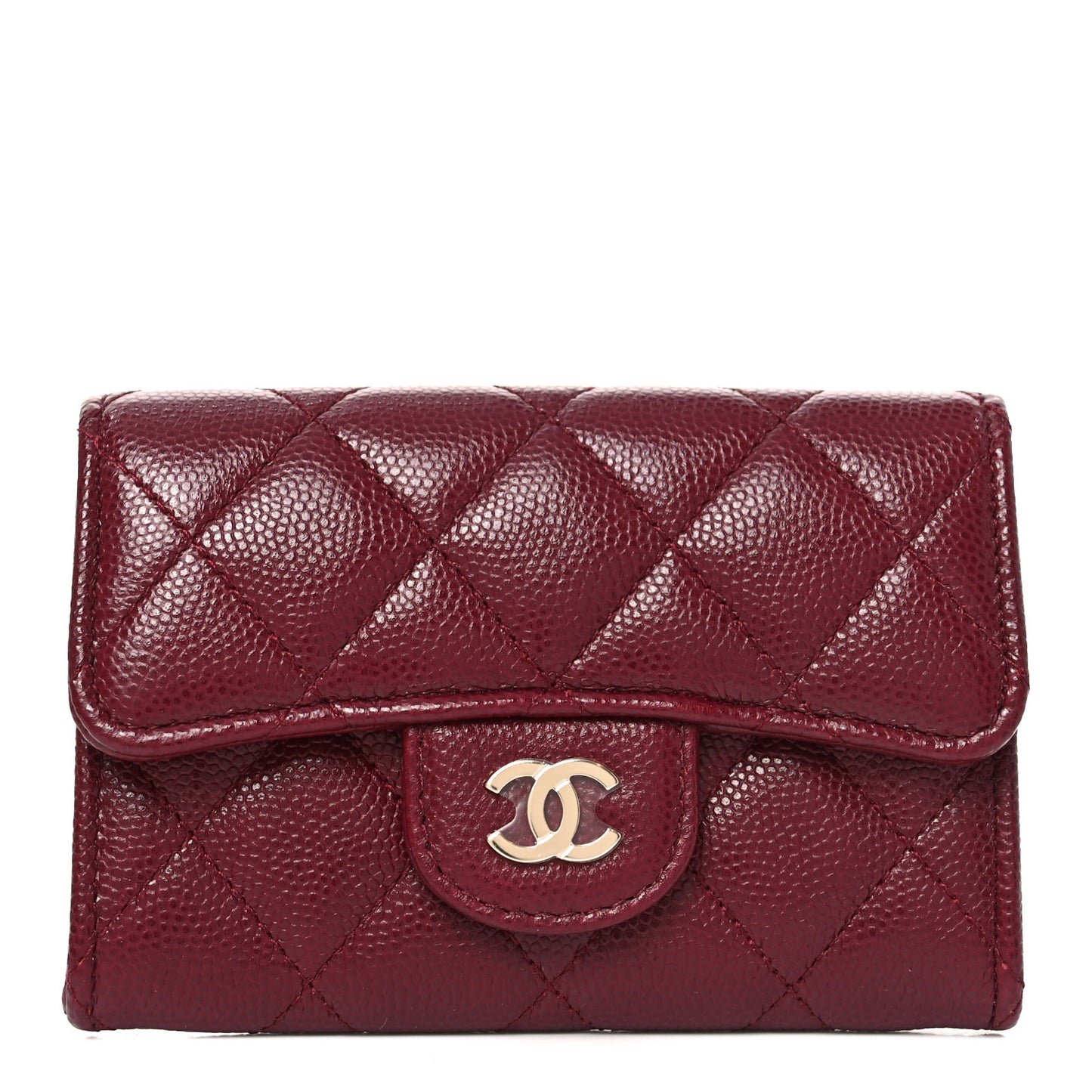 Caviar Quilted Flap Card Holder Wallet Burgundy