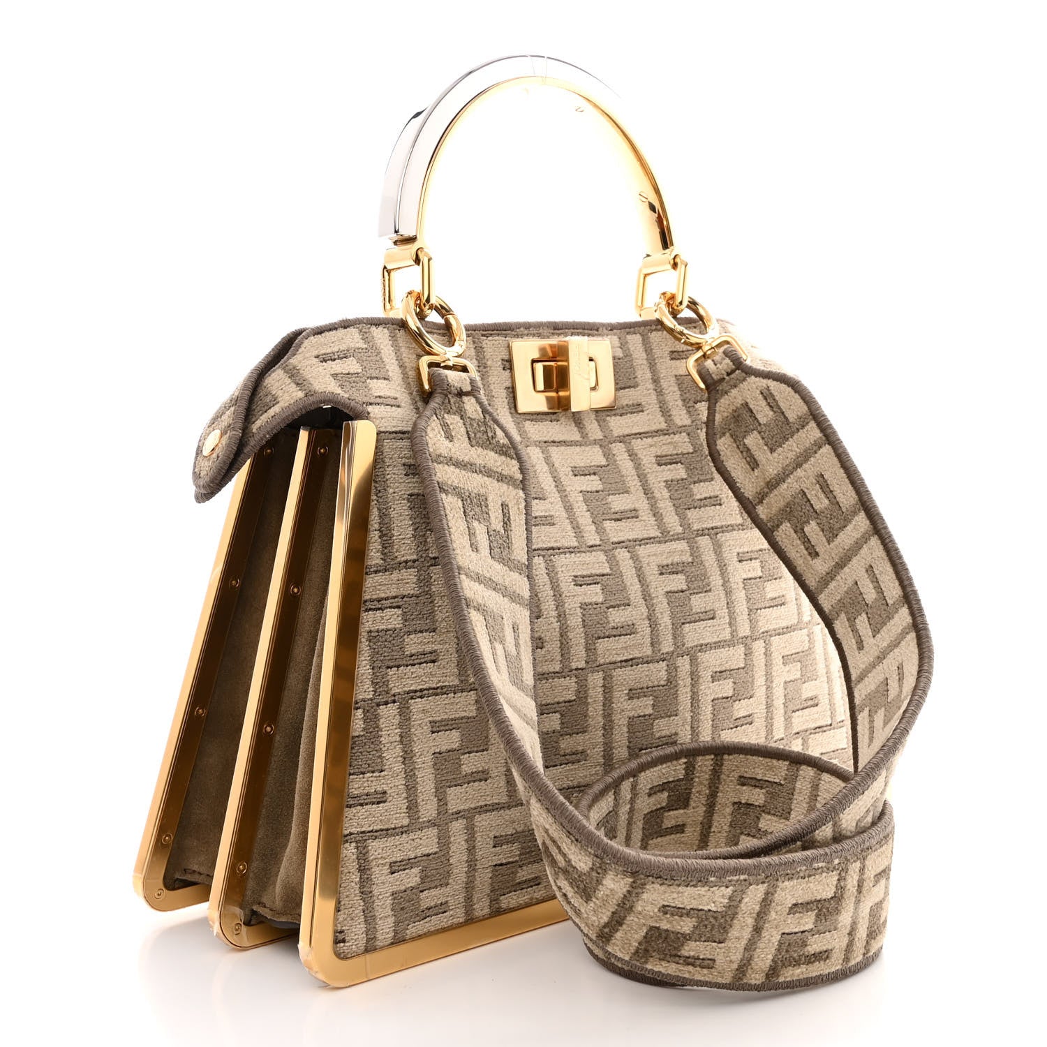 Fendi Chenille Suede Metal FF Small Peekaboo I SEE U Satchel Tortora Nuvola 3 of 11