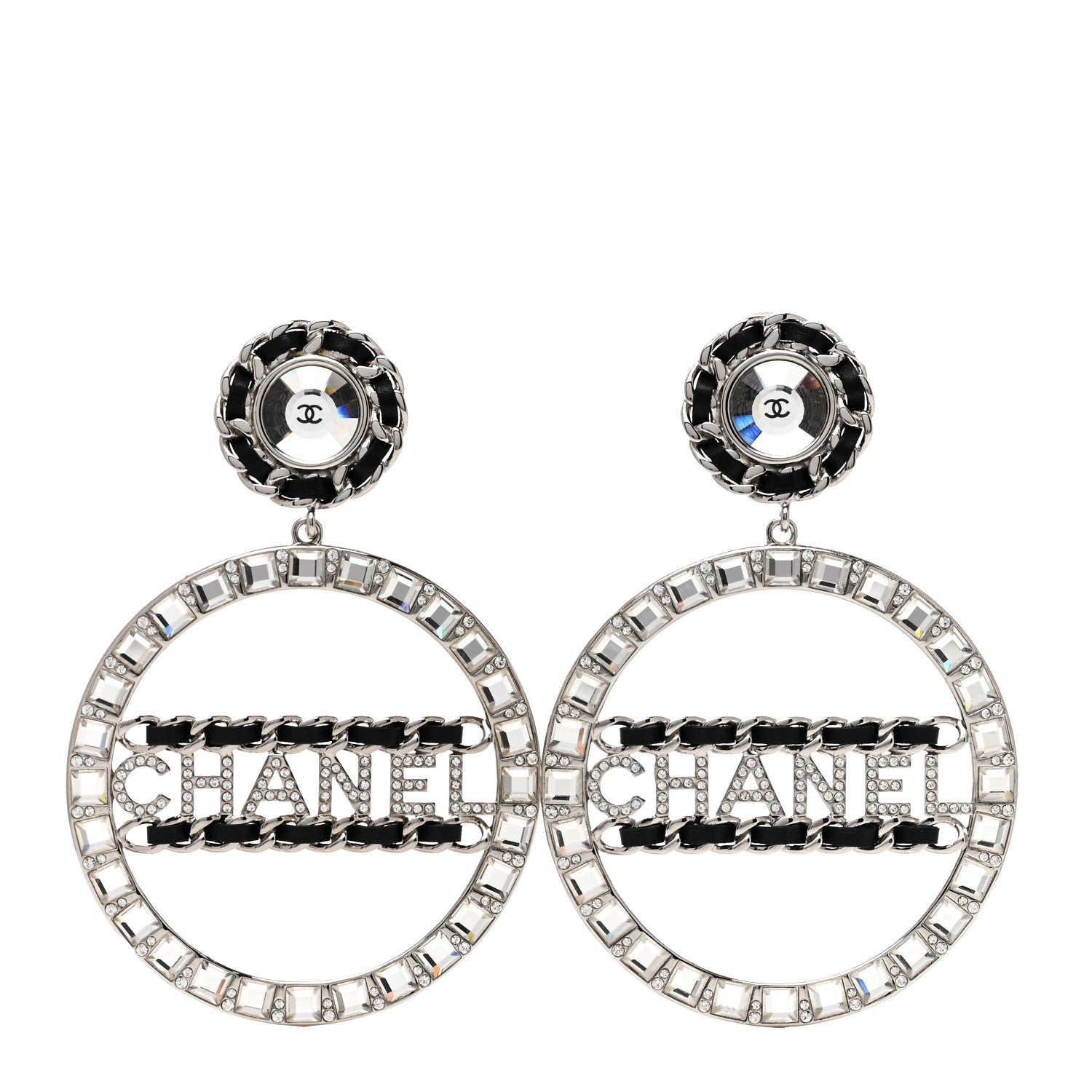 Chanel Crystal Lambskin Chain CC Hoop Clip On Earrings Black Silver 1 of 4