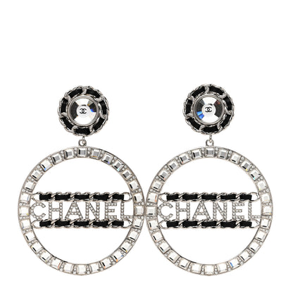 Chanel Crystal Lambskin Chain CC Hoop Clip On Earrings Black Silver 1 of 4