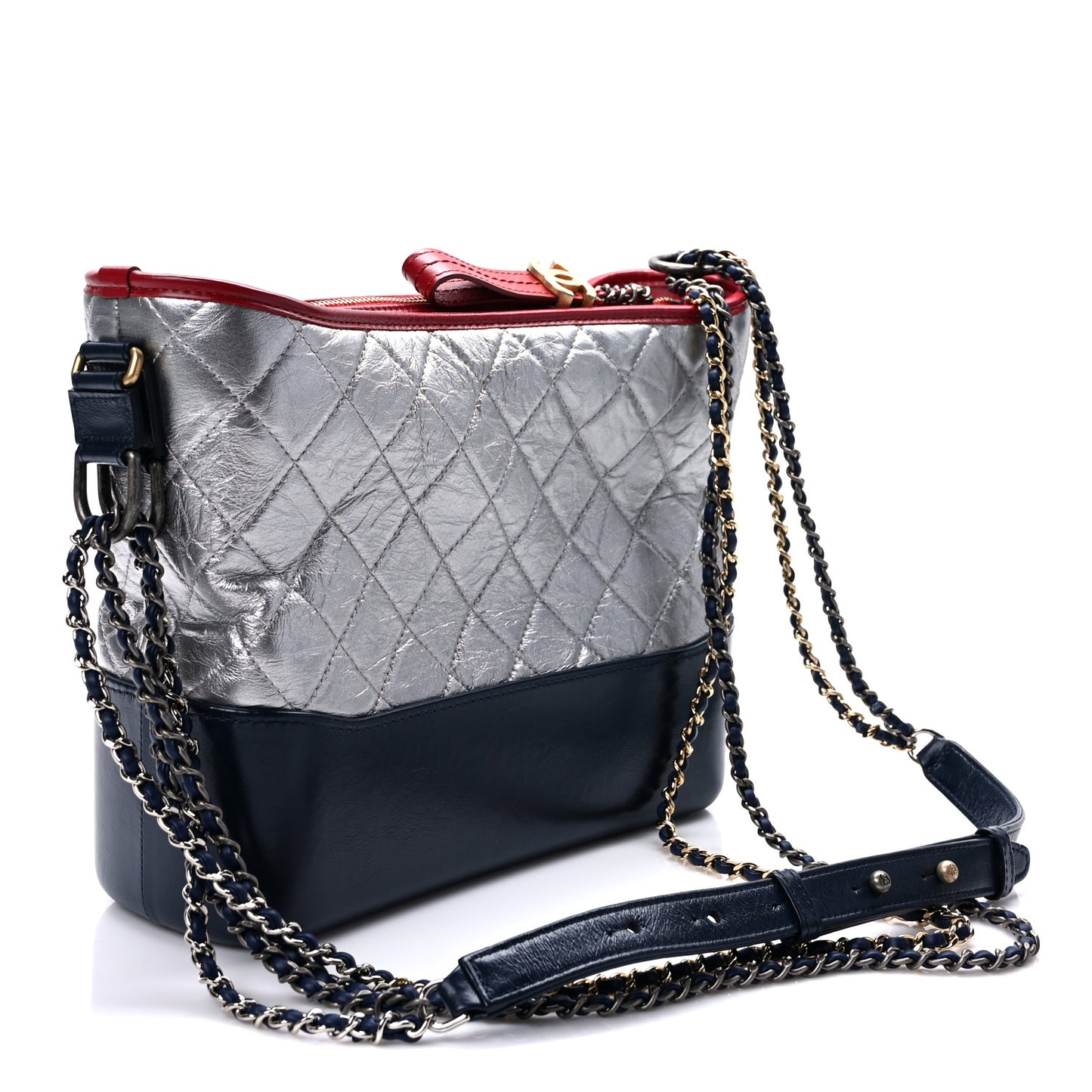 Metallic Aged Calfskin Quilted Medium Gabrielle Hobo Silver Navy Red