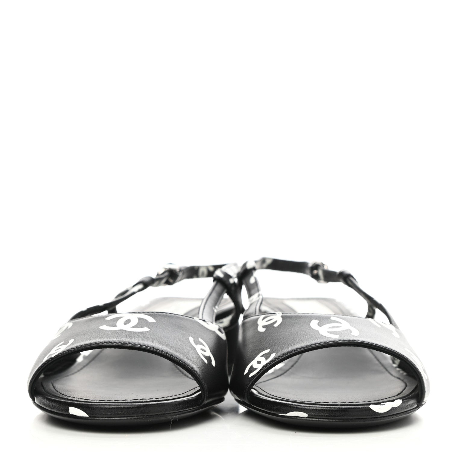 Chanel Printed Lambskin CC Slingback Sandals 37.5 Black White 2 of 9