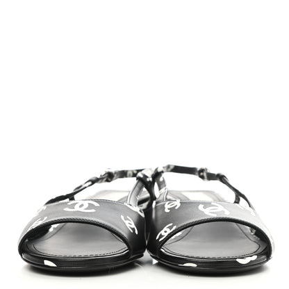 Chanel Printed Lambskin CC Slingback Sandals 37.5 Black White 2 of 9