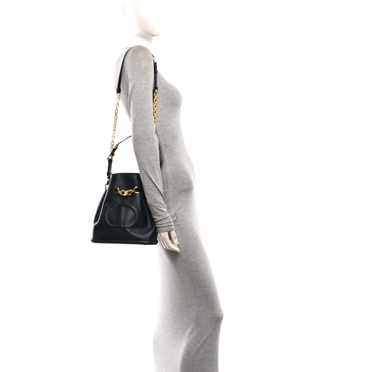 Calfskin CD Embossed Medium C'est Chain Bucket Bag Black