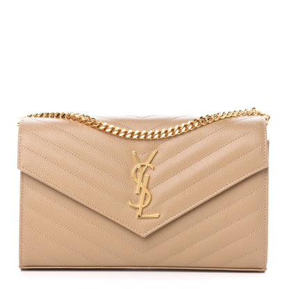 Saint Laurent Grain De Poudre Matelasse Chevron Monogram Chain Wallet Deep Beige 1 of 10