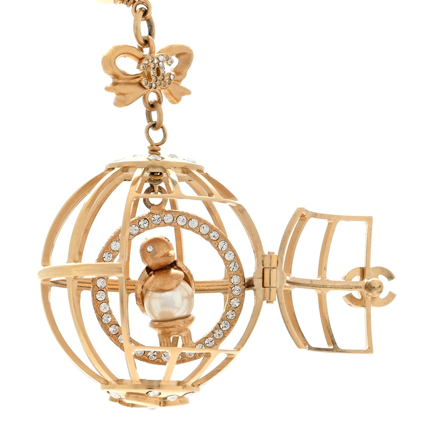 Chanel Metal Pearl Crystal Bird Cage Necklace Gold 4 of 4
