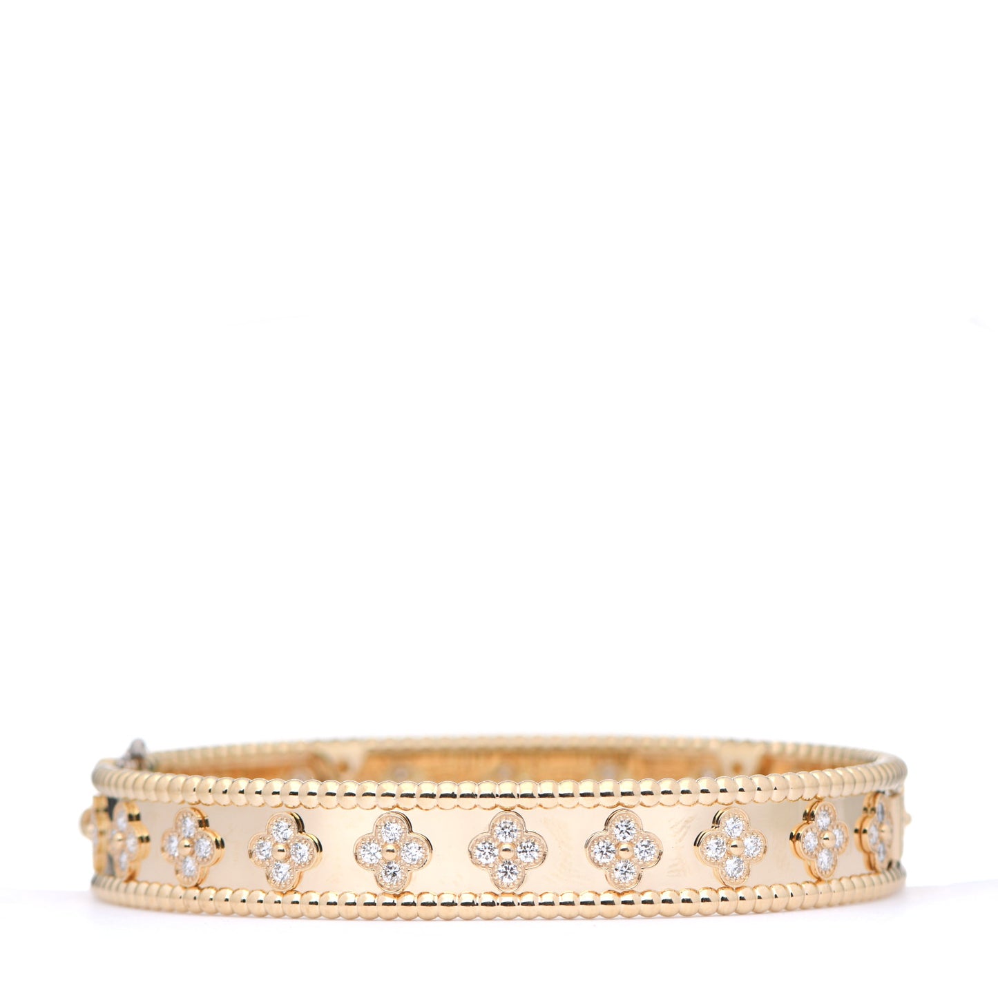 18K Yellow Gold Diamond Perlee Clovers Bangle Bracelet L