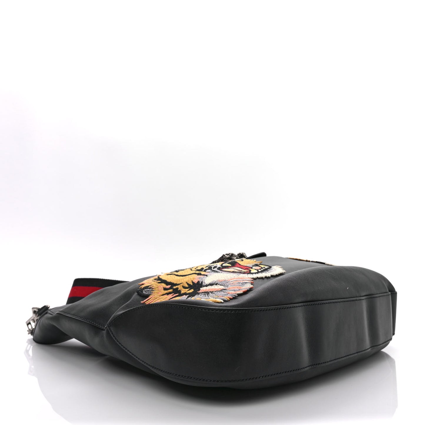 Calfskin Web Tiger Embroidered Large Dionysus Hobo Black