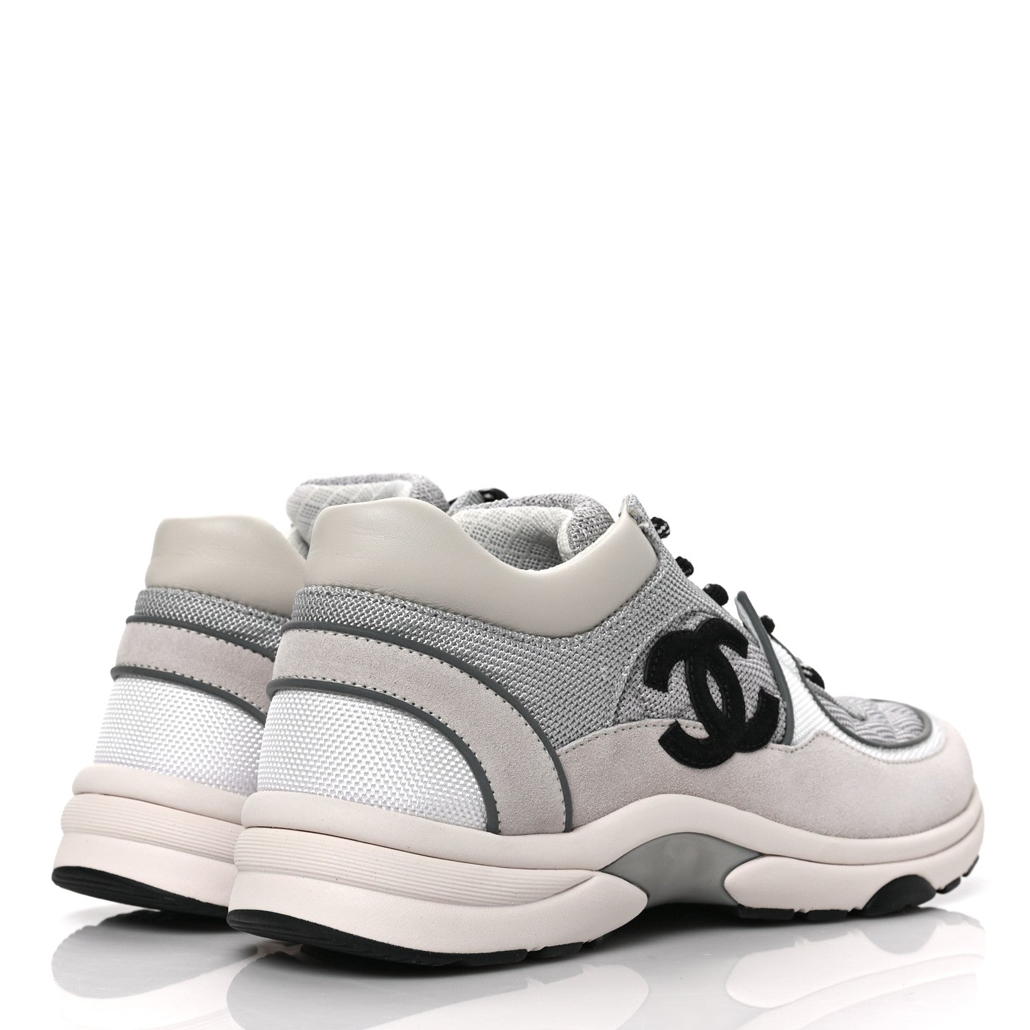 Chanel Nylon Calfskin Suede Womens CC Sneakers 38 Grey White 4 of 7