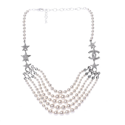 Chanel Pearl Crystal Star CC Multi Strand Necklace Pearly White Silver 2 of 5