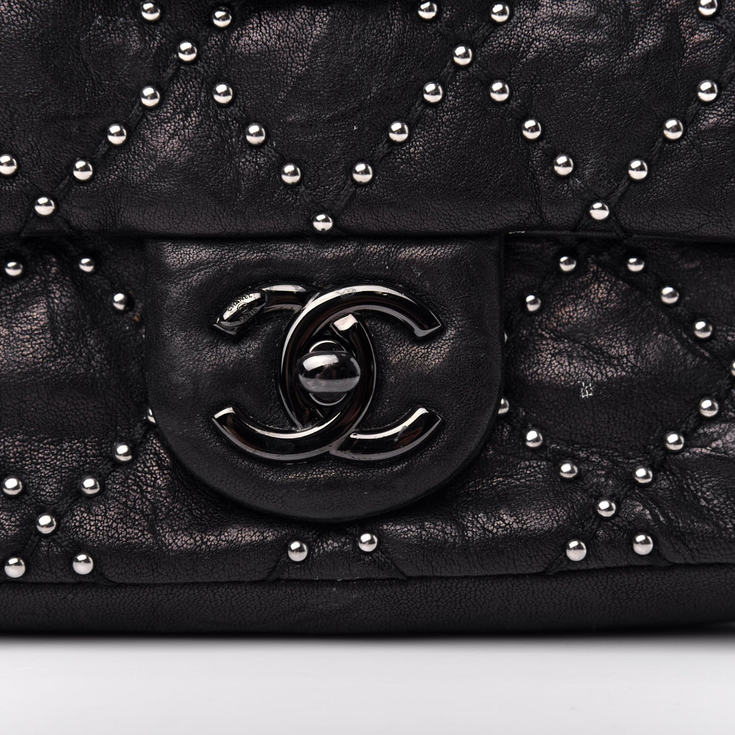 Washed Lambskin Studded Small Metal Beauty Flap Black