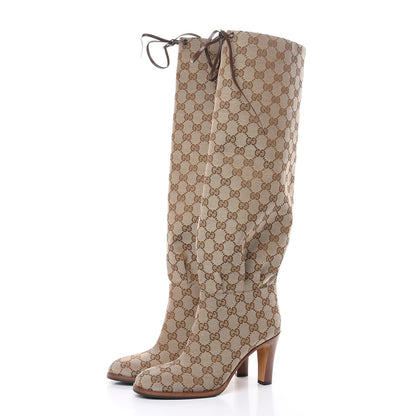 Gucci Monogram Lisa Mid Heel Boots 37.5 Beige Ebony 3 of 8