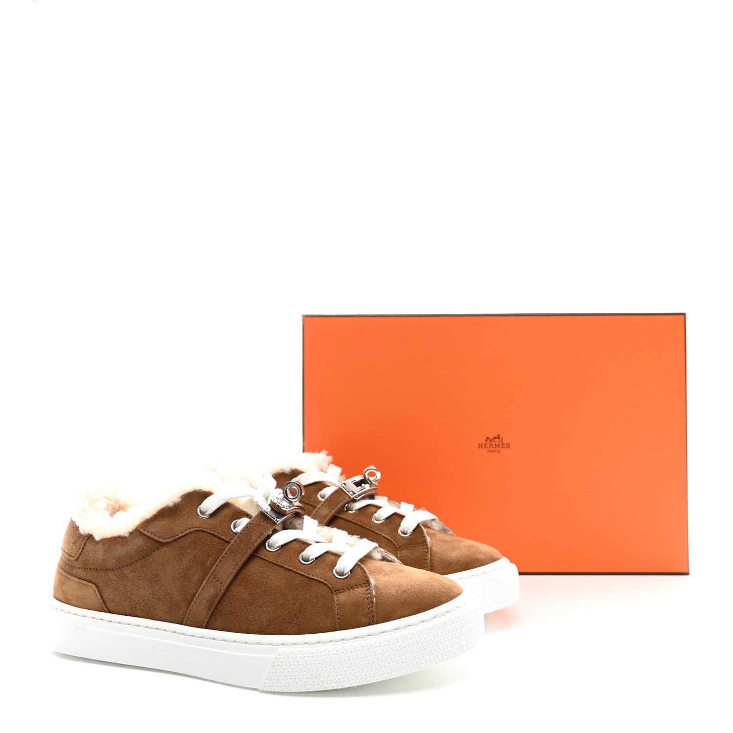 Hermes Suede Goatskin Shearling Day Sneakers 36 Brun Fume Ecru 10 of 10