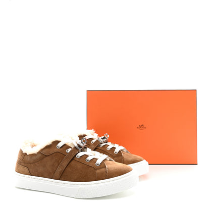 Hermes Suede Goatskin Shearling Day Sneakers 36 Brun Fume Ecru 10 of 10