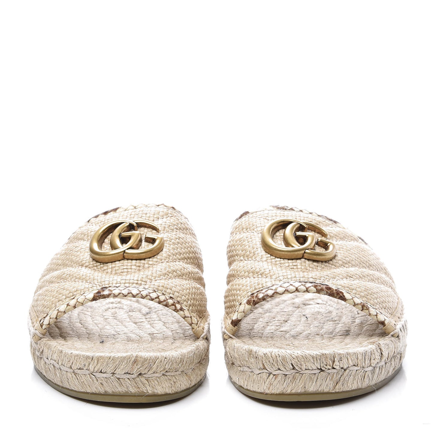 Straw Elaphe Matelasse GG Marmont Espadrille Slide Sandals 37 Natural Cream Brown