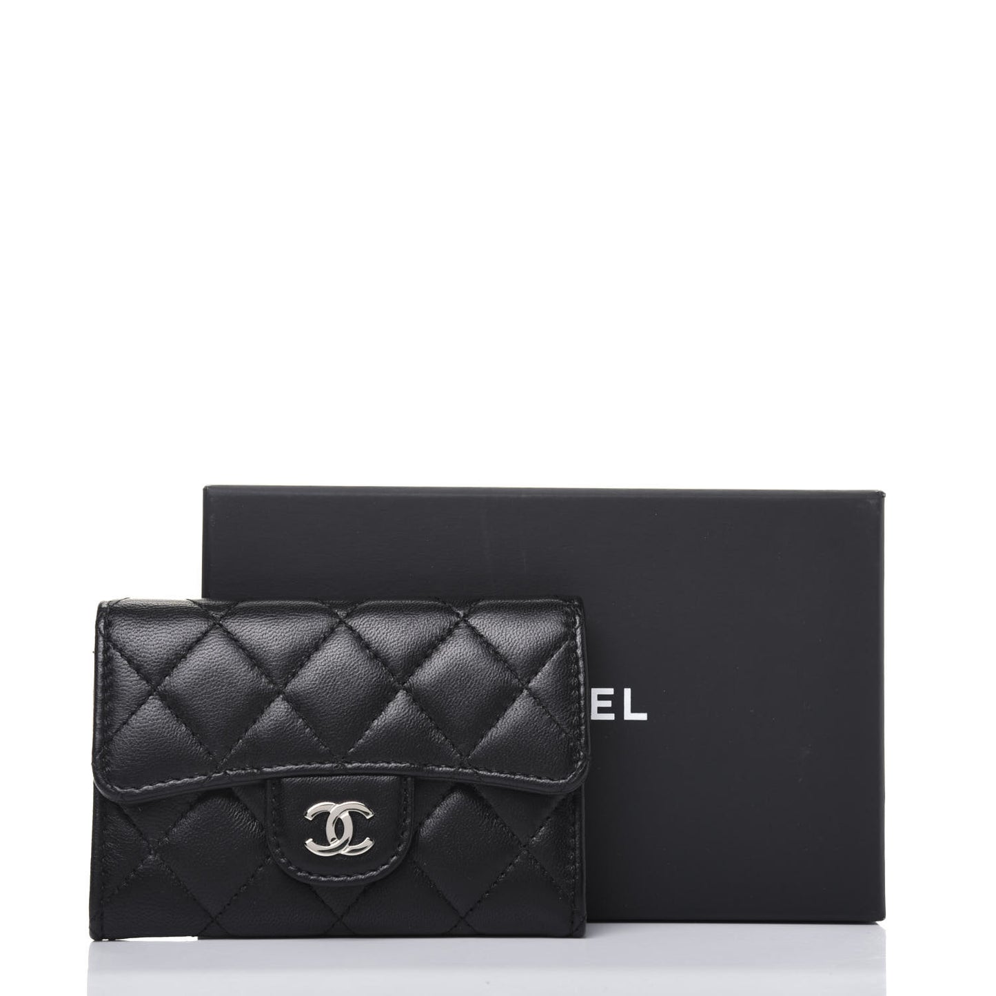 Lambskin Quilted Flap Card Holder Black