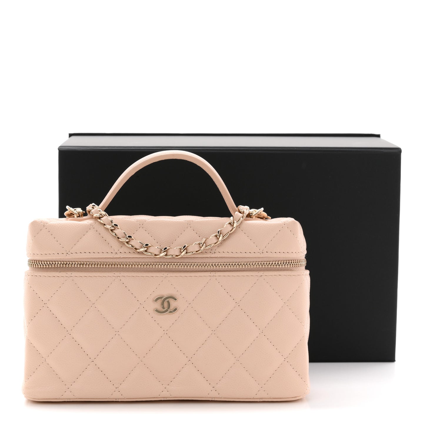 Caviar Quilted Top Handle Slim Vanity With Chain Beige
