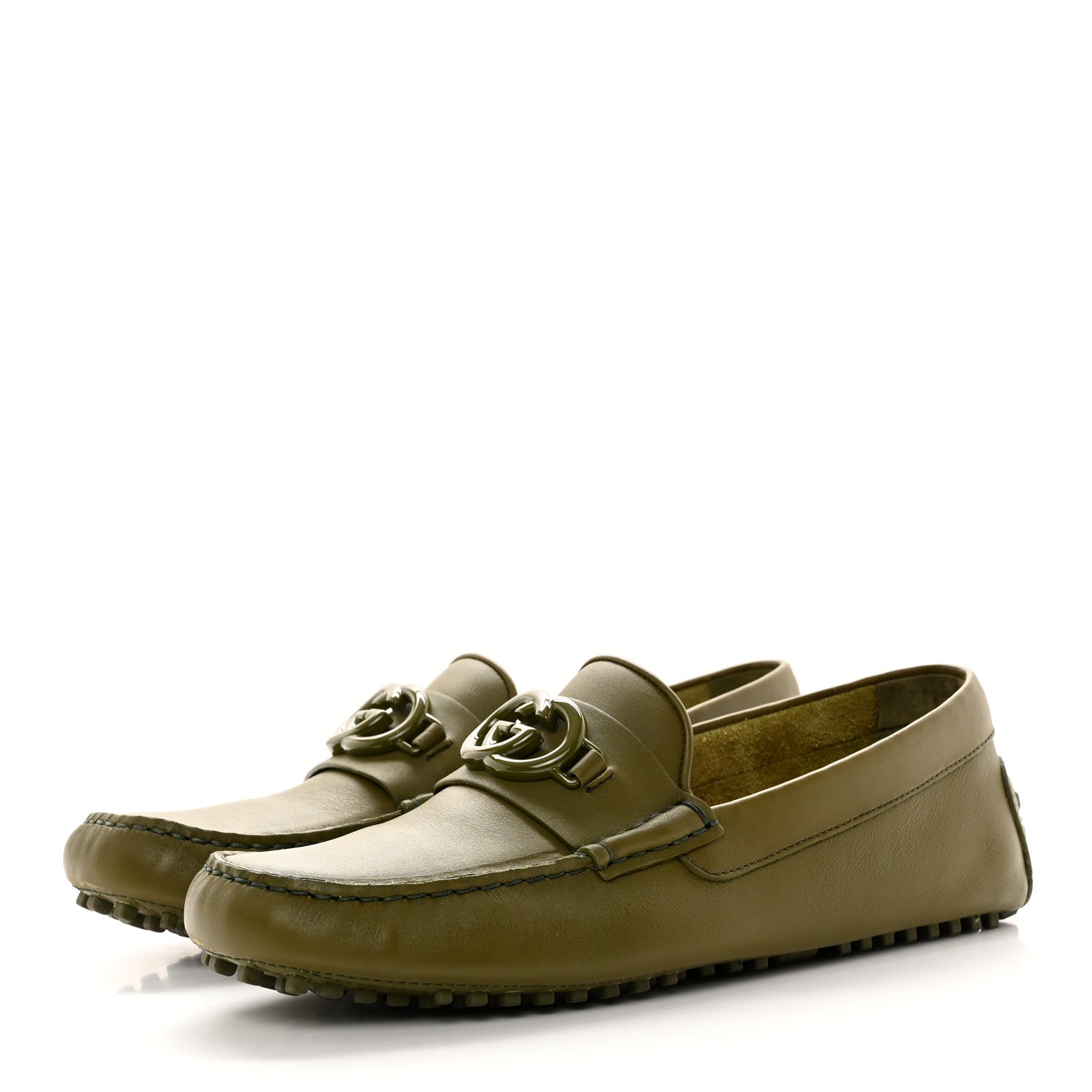 Gucci Soft Clove Calfskin Monochrome Mens Interlocking G Driver Loafers 7 Juniper Green 3 of 16