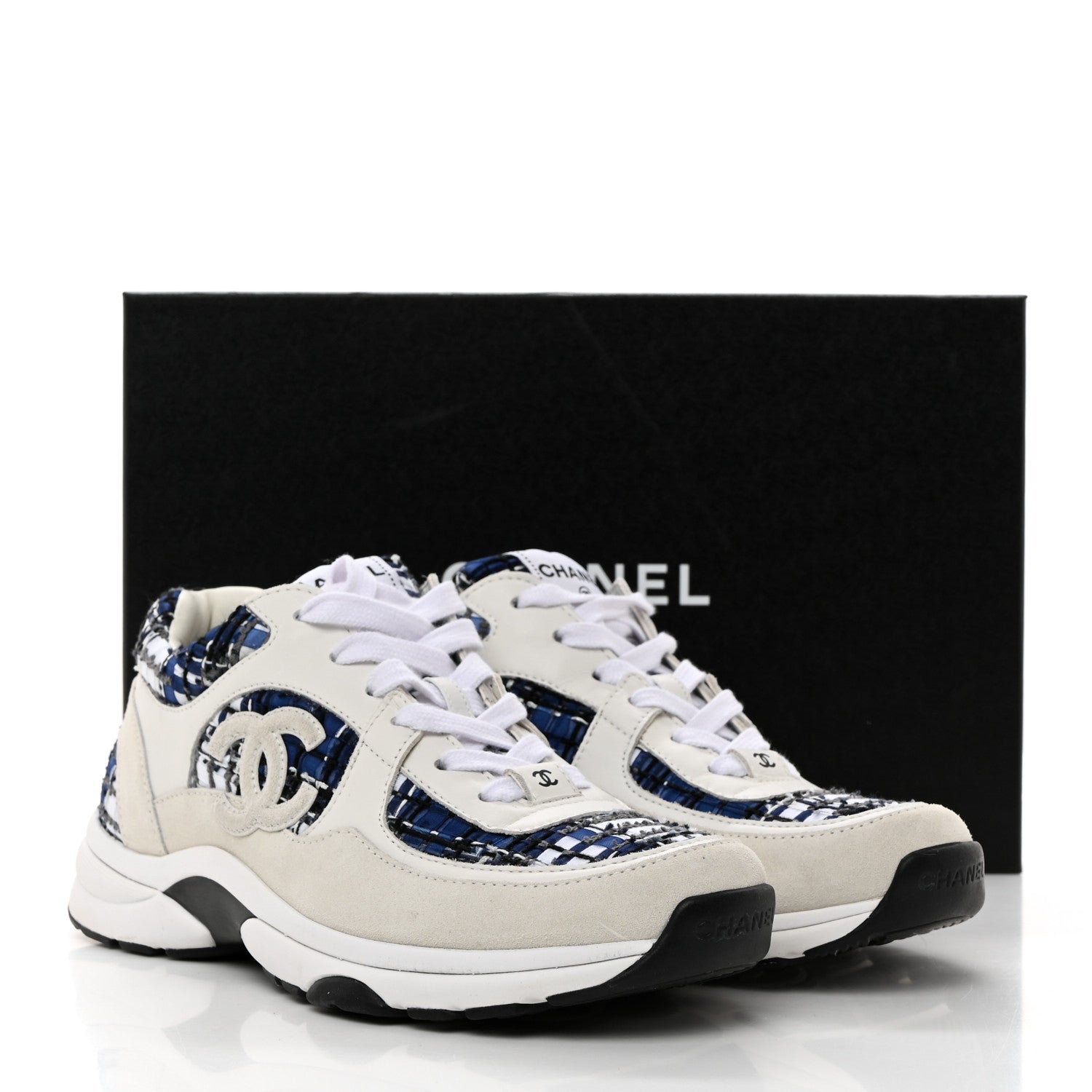 Chanel Tweed Suede Calfskin Womens CC Sneakers 38.5 Dark Blue Black Grey White 9 of 9