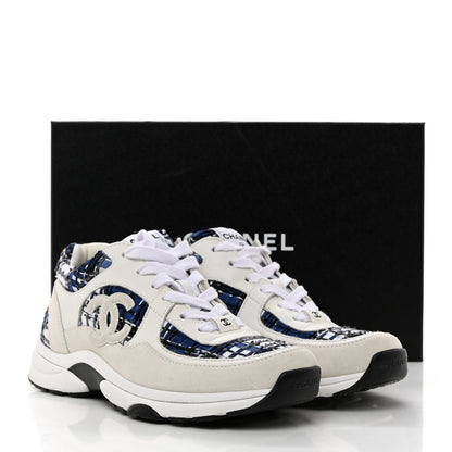 Chanel Tweed Suede Calfskin Womens CC Sneakers 38.5 Dark Blue Black Grey White 9 of 9