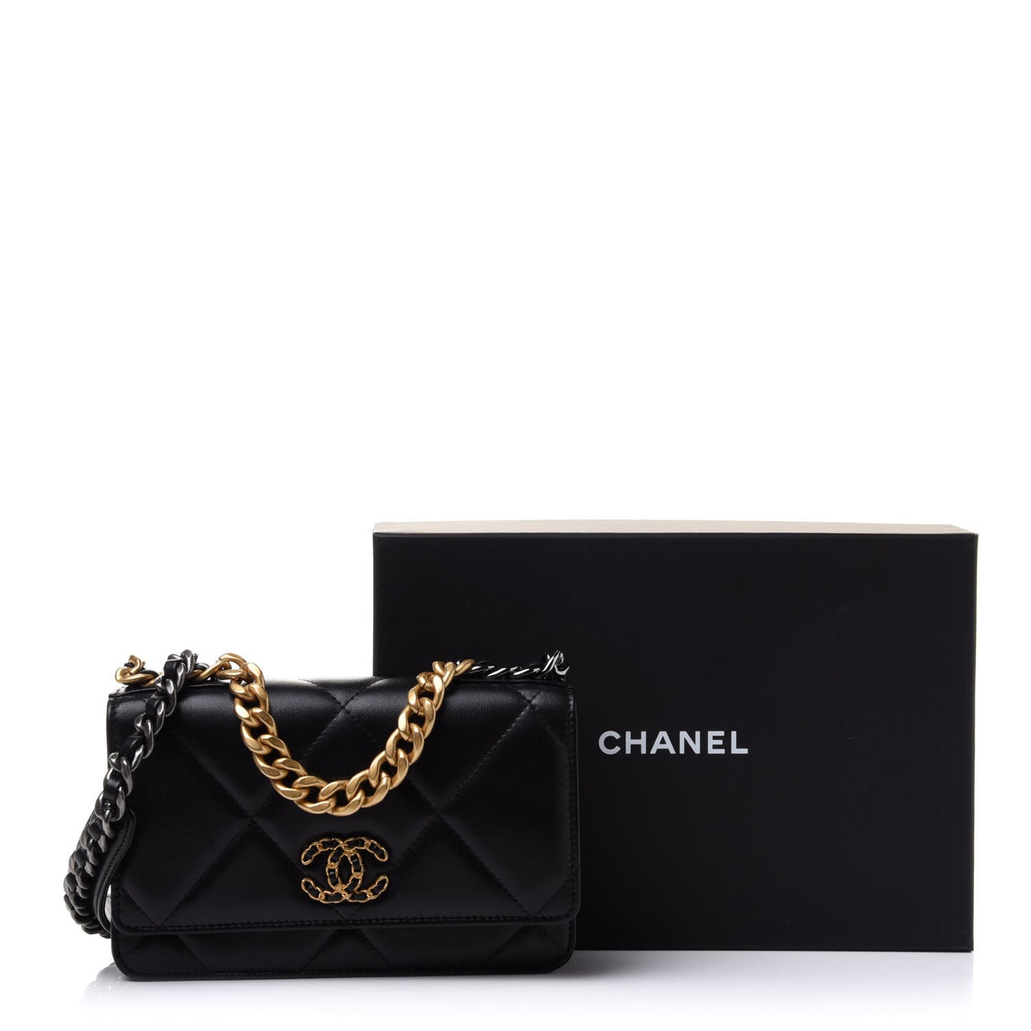 Goatskin Quilted Chanel 19 Wallet On Chain WOC Black