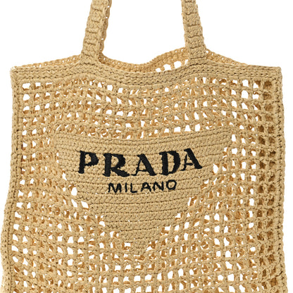 Prada Yarn Raffia Effect Crochet Logo Embroidered Tote Bag Naturale 7 of 9